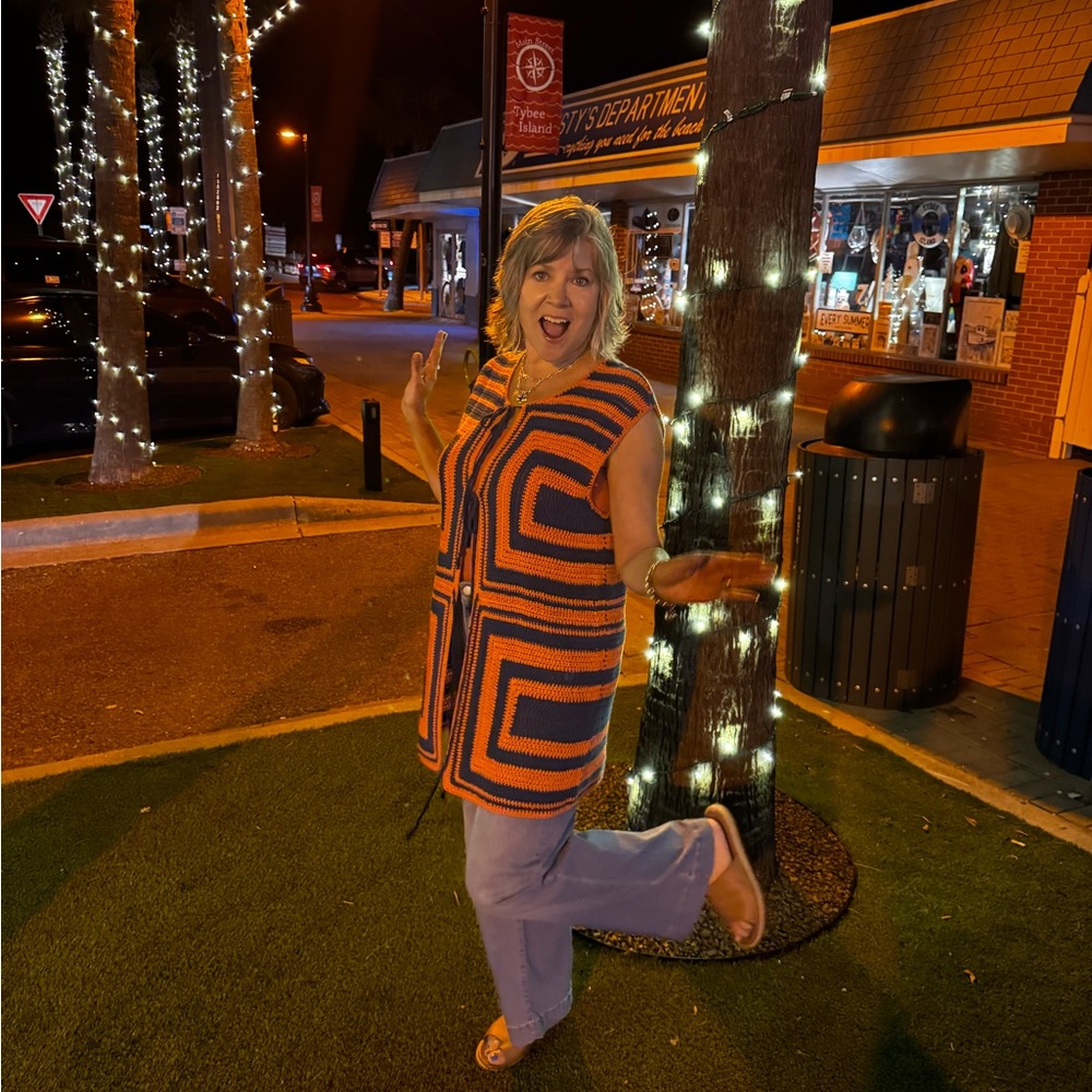 FRNCH Vibrant Orange and Navy Crochet Vest